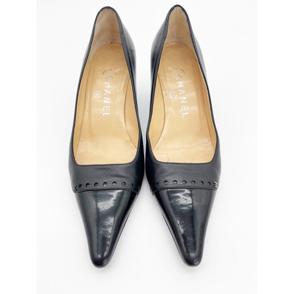 Chanel Vintage Black Leather Cap Toe CC Logo Kitten Heel Pointed Pumps EU 36.5 - Picture 6 of 14